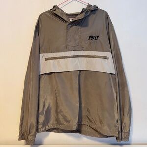 Ruxen Pullover Quarter Zip Hooded Windbreaker Jacket Coat Brown Grey Mens Large